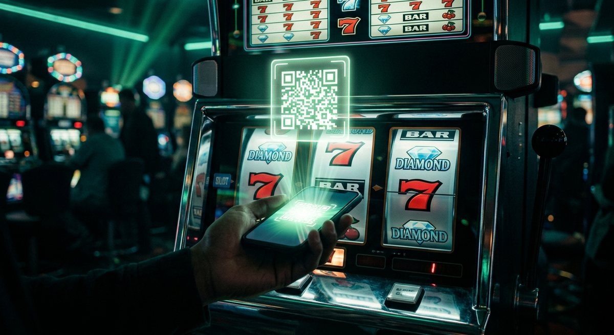 Ponsel menyala menampilkan kode bayar dua dimensi di atas gulungan mesin slot dengan simbol berlian dan tujuh, cahaya teal hijau lembut