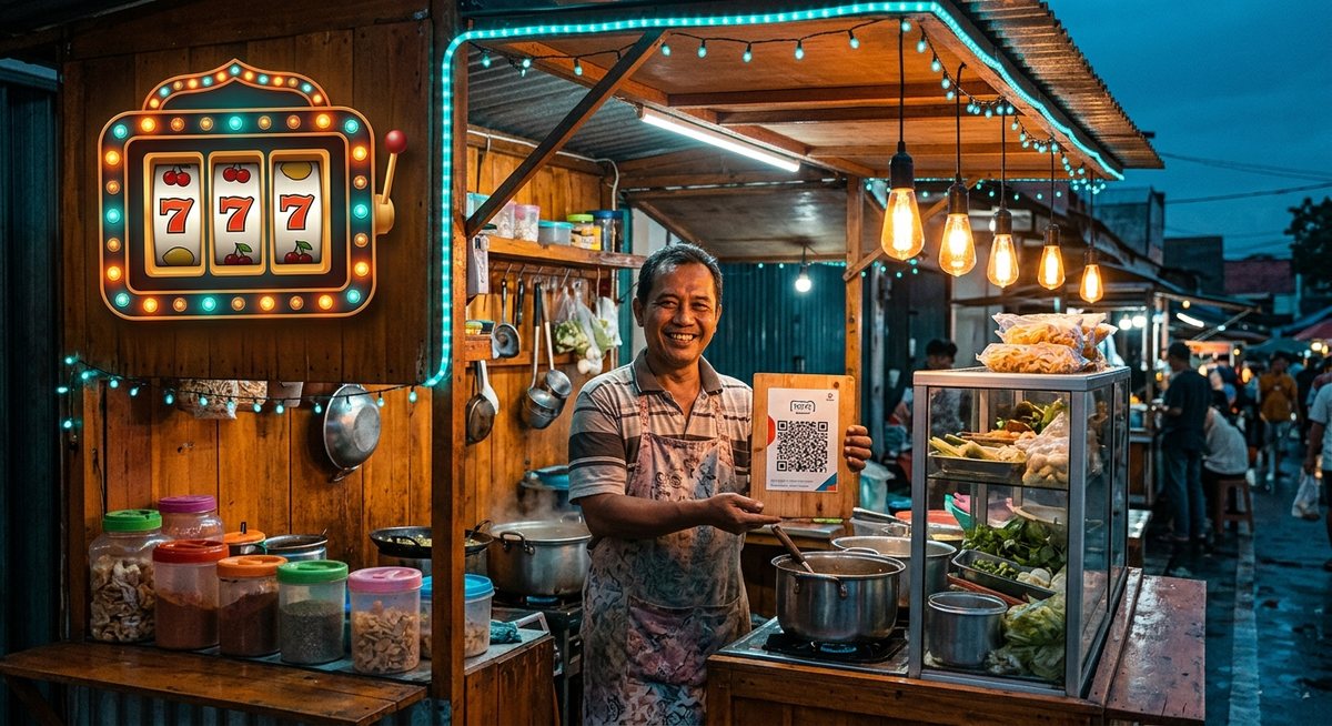 Pedagang warung kecil tersenyum menunjukkan papan kode bayar sementara gulungan mesin slot dengan ceri dan tujuh menyala di pojok warung