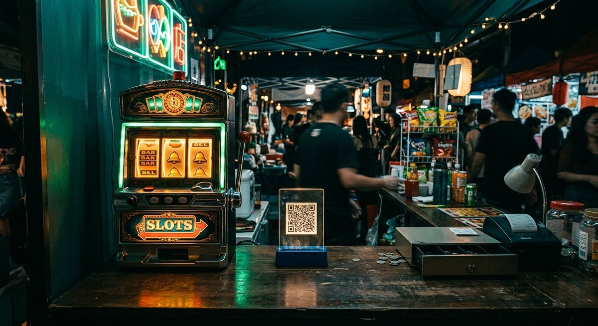 Papan kode bayar dua dimensi berdiri di meja kasir toko di samping kabinet mesin slot dengan simbol BAR dan bel yang menyala, suasana teal malam