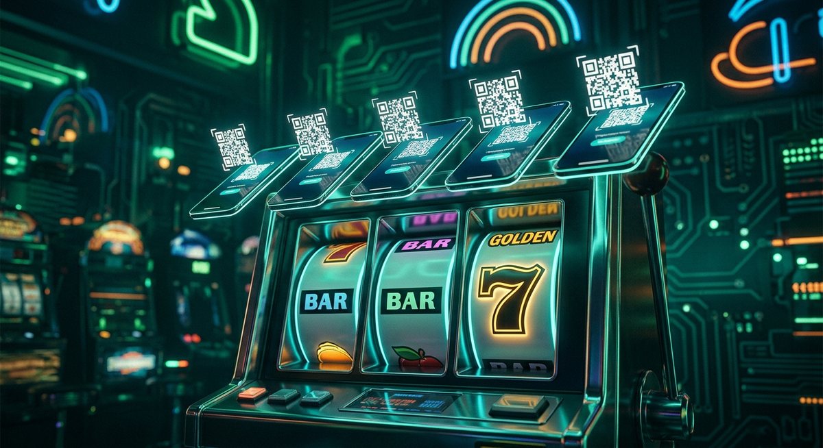 Deretan telepon genggam menyala menampilkan kode bayar di atas gulungan mesin slot dengan simbol BAR dan tujuh berwarna emas dalam ruangan teal gelap